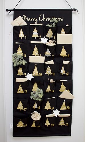 Adventskalender zum Befüllen, Kinder, Stoff, Alternative zu Tüten, groß xxl, Holz, Idee Weihnachten 2023, hängend, Wandkalender, Wandteppich, wiederverwendbar, Mädchen Jungs Männer [Schwarz Gold] von BABYLEDO