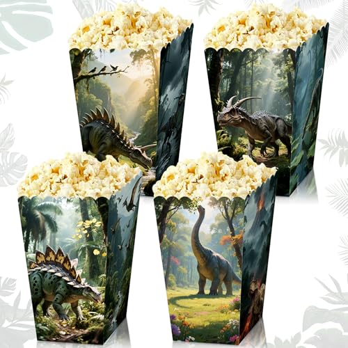BACH AND BOOZY 12 PCS Dinosaurier Popcorn Boxen Treat Bags Dschungel Goodie Bags für Wild One Rex drei Dino Geburtstag Party Favors von BACH AND BOOZY