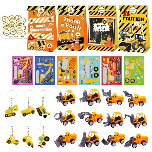 BACH AND BOOZY Baustellen Party Mitgebsel Kindergeburtstag Construction Partyhüte Tragetaschen Bagger Schlüsselanhänger Spielzeug Autos Set für Junge Bau Kindergeburtstag Geschenk von BACH AND BOOZY
