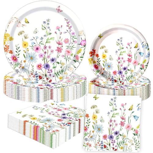 BACH AND BOOZY 52 Stück Partydekorationen Wildblume Party Zubehör Blumenpapier Servietten Frühlingsblumen für Hochzeit Babydusche Geburtstag Geschirr Dekorationen von BACH AND BOOZY