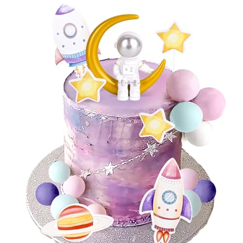 Rosa Weltraum-Kuchenaufsätze, Astronaut, Rakete, Sterne, Kuchendekorationen für Geburtstagsparty, Zubehör, Babyparty von BACH AND BOOZY