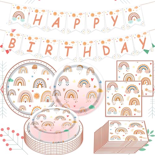 41 PCS Boho Regenbogen Partygeschirr Set Boho Geburtstag Geschirr Party Deko Papier Teller Becher Servietten für Boho Party Kindergeburtstag Boho Partyzubehör Dekoration von BACH AND BOUJEE
