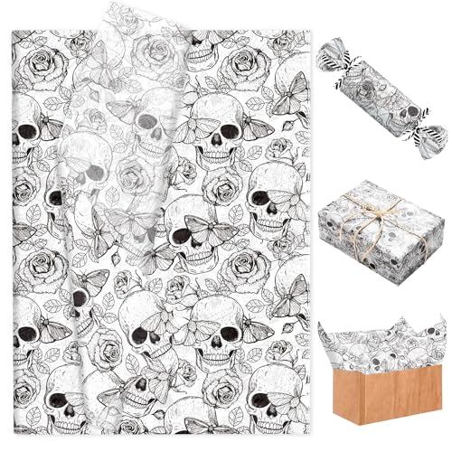 50 Blatt Gothic Seidenpapier Für Geschenkverpackungen Mit Totenkopf Spinnen Rosen Und Schmetterlingsmotiven Papierzubehör Für Geschenktüten Für Halloween Partys Diy Bastelbedarf 20 × 14 Zoll von BACH AND BOUJEE