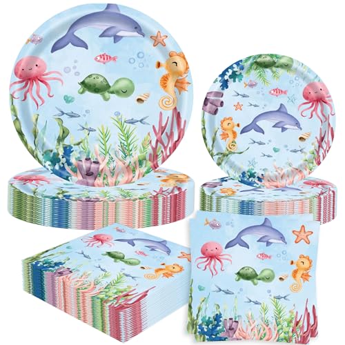 52 Stück Ozean Party Geschirr Set Unterwasser Partyteller Meerestiermotiv Servietten Becher Geburtstagsdekoration Partygeschenke Ozean Meerjungfrau Party Supplies von BACH AND BOUJEE