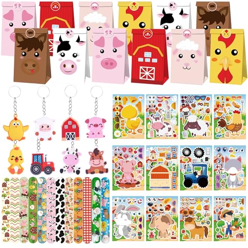 BACH AND BOUJEE 62PCS Bauernhof Party Tasche Füller Bauernhof Tier Hut Aufkleber Schlüsselanhänger Armband Schlüsselanhänger Geschenk für Geburtstag Party Babydusche Goodie Bag Fillers Zubehör von BACH AND BOUJEE