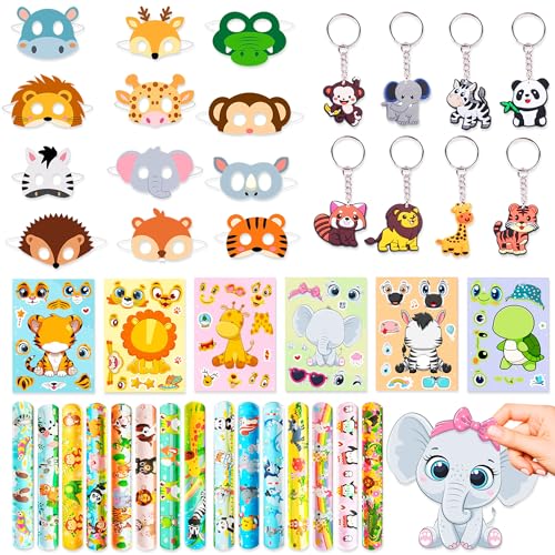 BACH AND BOUJEE Dschungel Safari Mitgebsel Kindergeburtstag Geschenk Kinder Geburtstag Tiere Partytüten Gastgeschenke Geschenktüten Aufkleber Schnapparmband Schlüsselanhänger für Jungen Mädchen von BACH AND BOUJEE