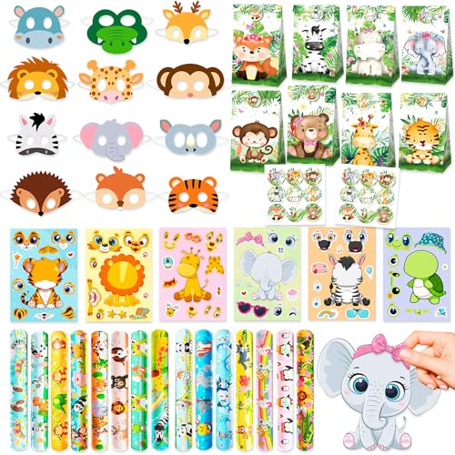 BACH AND BOUJEE Dschungel Safari Mitgebsel Kindergeburtstag Kinder Geburtstag Tiere Partytüten Geschenktüten Gastgeschenke Aufkleber Schnapparmband Schlüsselanhänger für Jungen Mädchen von BACH AND BOUJEE