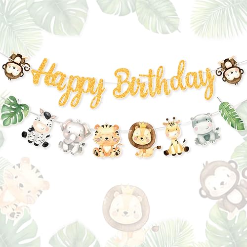 Dschungel Geburtstag Party Dekoration Happy Birthday Banner Safari Dschungel Tier Banner für Party Supplies Safari Thema Festival Partys Dekoration von BACH AND BOUJEE