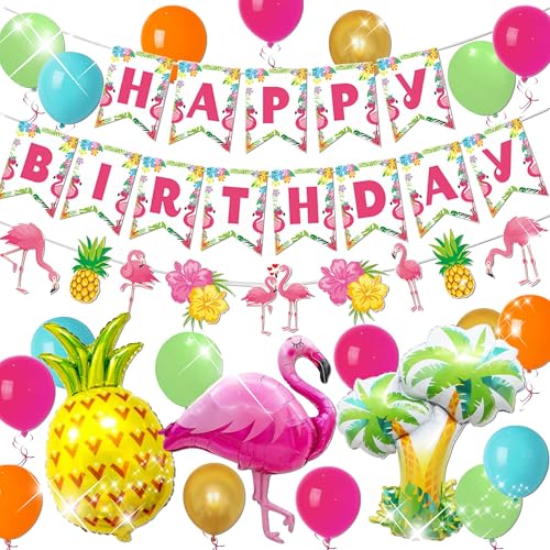 Flamingo Hawaii Geburtstagsdeko Tropische Geburtstagsballons Hawaii Flamingo Party Banner Luftballons Girlande für Flamingo Hawaii Tropische Party von BACH AND BOUJEE