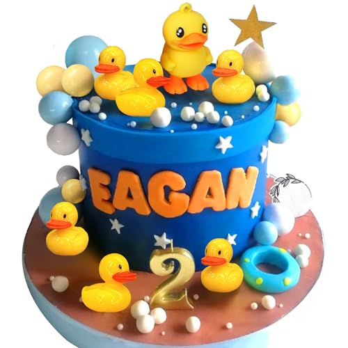 BACH AND BOUJEE Gelbe Ente Kuchendekoration - 7 x Niedliche kleine Ente Cupcake Topper für Geburtstagsfeier & Babyparty - Gelb, Blau von BACH AND BOUJEE