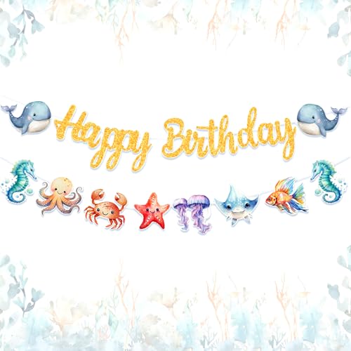 Ocean Happy Birthday Banner Hai Wal Strand Party Dekorationen Supplies Unter dem Meer Party Dekorationen für Indoor Outdoor von BACH AND BOUJEE