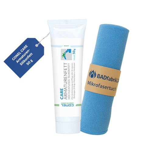 BADfabrik24 CONEL CARE W 47 Silikonfett 50g – Langzeitschmierung für Armaturen + Mikrofasertuch,Silikonfett, Armaturenfett, CONEL CARE W 47, Langzeitschmierung, Dichtungsfett, Membranfett BADfabrik24 CONEL CARE W 47 Silikonfett 50g – Langzeitschmierung für Armaturen + Mikrofasertuch,Silikonfett, Armaturenfett, CONEL CARE W 47, Langzeitschmierung, Dichtungsfett, Membranfett von BADfabrik24