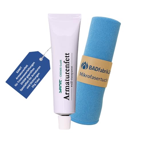 BADfabrik24 SANIT Armaturenfett 23 g Tube + Mikrofasertuch – DVGW-geprüft & UBA-konform – für Trinkwasserleitungen, O-Ringe & Armaturen – hitzebeständig von -40 °C bis +200 °C BADfabrik24 SANIT Armaturenfett 23 g Tube + Mikrofasertuch – DVGW-geprüft & UBA-konform – für Trinkwasserleitungen, O-Ringe & Armaturen – hitzebeständig von -40 °C bis +200 °C von BADfabrik24