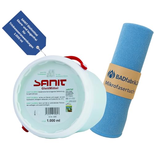 BADfabrik24 SANIT Gleitmittel 1 l Eimer + Mikrofasertuch – trinkwassergeeignet, säurefrei & hautverträglich – für Rohr-, Muffen- & Schlauchverbindungen – ideal für Installationen von BADfabrik24