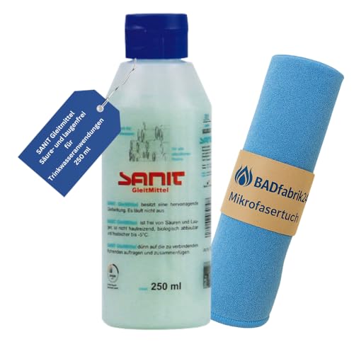 BADfabrik24 SANIT Gleitmittel 250 ml Flasche + Mikrofasertuch – für Trinkwasser geeignet – zur Montage von Rohr-, Muffen- & Schlauchverbindungen – säurefrei & hautverträglich BADfabrik24 SANIT Gleitmittel 250 ml Flasche + Mikrofasertuch – für Trinkwasser geeignet – zur Montage von Rohr-, Muffen- & Schlauchverbindungen – säurefrei & hautverträglich von BADfabrik24