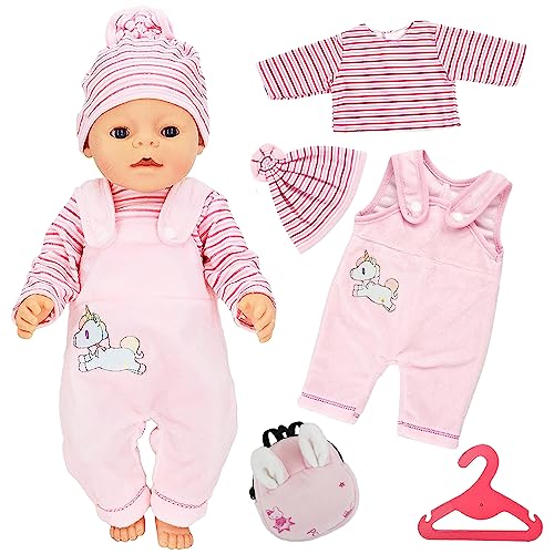 BAFAFA Kleidung Bekleidung Outfits für Baby Puppen, 5 teilig Puppenzubehör, Puppenkleidung mit Hut Aufhänger Schultasche für Baby Doll für Puppen 35-43 cm (Rosa) von BAFAFA