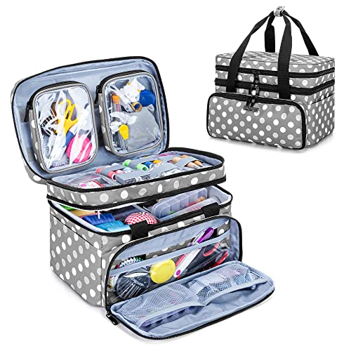 BAFASO Doppelschicht Nähset Tasche, Nähzubehör Organizer Tasche mit Groß Raum und Viel Fächer, Nähaufbewahrung Tasche für Häkelnadel, Nähgarn und Nähwerkzeuge, Grau Punkt (Ohne Zubehör) von BAFASO