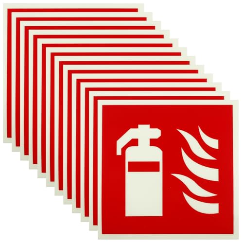 12 Stück Feuerlöscher Schild, 15 x 15 cm PVC Nachleuchtend Selbstklebende Aufkleber Feuerlöscher, Hinweisschild Feuerlöscher Aufkleber, Brandschutzzeichen, für Haus Büro Baustelle und Auto von BAIFULAI