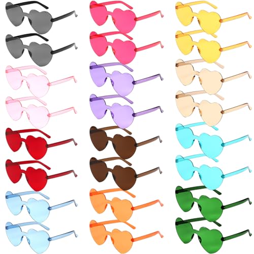 BAIFULAI 24 Stück Herz Sonnenbrille, Farbe Herzbrille, Randlose Sonnenbrillen, Party Zubehör, Herzförmige Sonnenbrille für Fasching Foto Requisiten Geburtstagsfeier für Kinder und Erwachsene von BAIFULAI