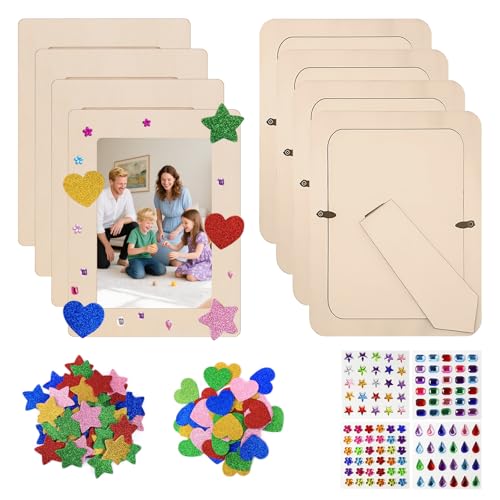 Bilderrahmen Holz Set zum Bemalen, 8 Stück Holzbilderrahmen Fotorahmen Bastelset Holzrahmen Klein Basteln Set Kinder mit Glitter Aufkleber für DIY Holzfarbe Geschenke Kunsthandwerk Dekoration von BAIFULAI