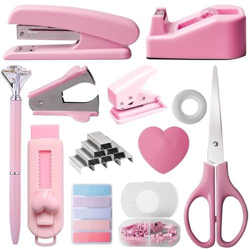 Büroartikel Set, Rosa Schreibtischzubehör mit 2 Stück Kugelschreiber aus Metall(Rosa + Roségold), Hefter und Klebebandabroller-Set mit Heftklammern, Heftklammerentferner, Abroller, Schere und Tabs... von BAIFULAI