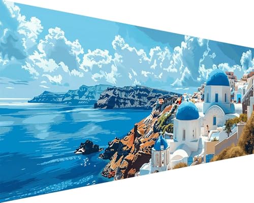 Malen Nach Zahlen Erwachsene Ägäisches Meer Malen Nach Zahlen Landschaft Paint by Numbers Farbige Leinwand mit Pinselset Acrylfarben Kreativ Set für Erwachsene, Home Wand Deko Geschenke 30x60cm r4-10F von BAIYAACO