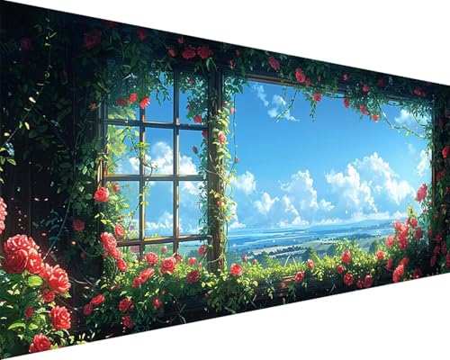 Malen Nach Zahlen Erwachsene Blume Malen Nach Zahlen Fensterbank Paint by Numbers Farbige Leinwand mit Pinselset Acrylfarben Kreativ Set für Erwachsene, Home Wand Deko Wohnzimmer 100x200cm w4-215 von BAIYAACO