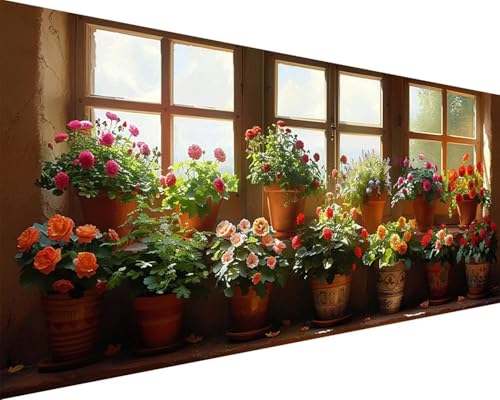 Malen Nach Zahlen Erwachsene Blume Malen Nach Zahlen Fensterbank Paint by Numbers Farbige Leinwand mit Pinselset Acrylfarben Kreativ Set für Kinder, Home Wand Deko Wohnzimmer Geschenke 80x160cm j4-14M von BAIYAACO