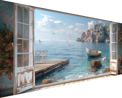 Malen Nach Zahlen Erwachsene Landschaft Malen Nach Zahlen Meer Paint by Numbers Farbige Leinwand mit Pinselset Acrylfarben Kreativ Set für Kinder, Home Wand Deko Wohnzimmer Geschenke 30x60cm p4-10X von BAIYAACO