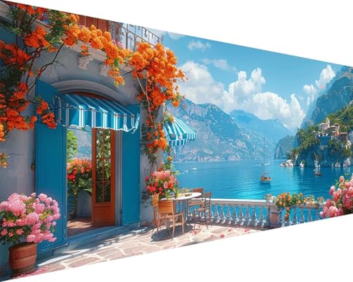 Malen Nach Zahlen Erwachsene Meer Malen Nach Zahlen Garten Paint by Numbers Farbige Leinwand mit Pinselset Acrylfarben Kreativ Set für Erwachsene, Home Wand Deko Wohnzimmer Geschenke 40x80cm m4-64 von BAIYAACO