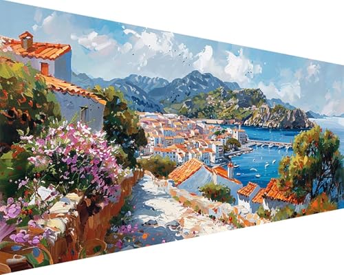 Malen Nach Zahlen Erwachsene Meer Malen Nach Zahlen Strand Paint by Numbers Farbige Leinwand mit Pinselset Acrylfarben Kreativ Set für Erwachsene, Home Wand Deko Wohnzimmer Geschenke 50x100cm v4-131 von BAIYAACO