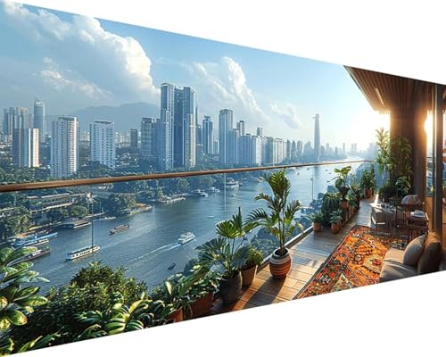 Malen Nach Zahlen Erwachsene Stadt Malen Nach Zahlen Haus Paint by Numbers Farbige Leinwand mit Pinselset Acrylfarben Kreativ Set für Erwachsene, Home Wand Deko Wohnzimmer Geschenke 50x100cm v4-23K von BAIYAACO