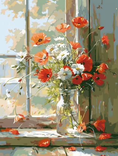 Malen Nach Zahlen Erwachsene mit Rahmen Blatt Malen Nach Zahlen Blume Paint by Numbers Farbige Leinwand mit 3 - Pinselset Acrylfarben Kreativ Set für Erwachsene, Zimmer Deko Geschenke 30x40cm -a118 von BAIYAACO