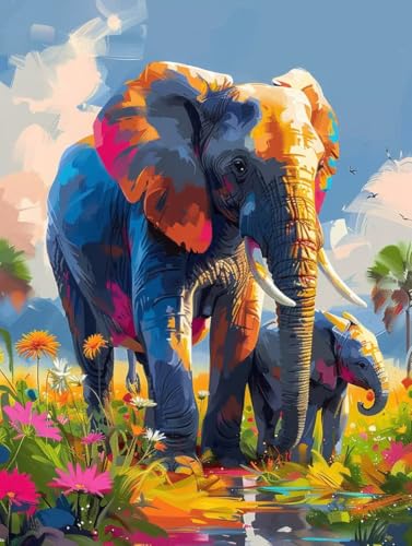 Malen Nach Zahlen Erwachsene mit Rahmen Elefant Malen Nach Zahlen Tier Paint by Numbers Farbige Leinwand mit Pinselset Acrylfarben Kreativ Set für Erwachsene, Zimmer Deko Geschenke 70x95cm -a154 von BAIYAACO
