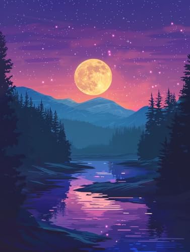 Malen Nach Zahlen Landschaft Malen Nach Zahlen Erwachsene Mond Paint by Numbers Kits mit 3 - Pinseln und Acrylfarben Handgemalt Ölgemälde Farbige Leinwand Set, Zimmer Deko 70x95cm (mit Rahmen) -v2U von BAIYAACO