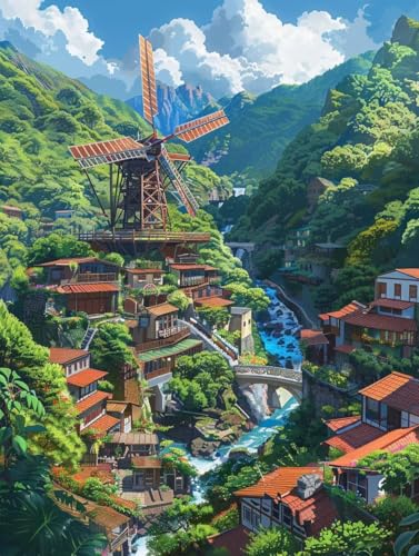Malen Nach Zahlen Landschaft Malen Nach Zahlen Erwachsene Windmühle Paint by Numbers Kits mit Pinseln und Acrylfarben Handgemalt Ölgemälde Farbige Leinwand Set, Zimmer Deko 70x95cm (ohne Rahmen) -g16I von BAIYAACO