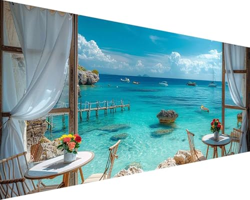 Malen Nach Zahlen Meer Malen Nach Zahlen Erwachsene Strand Paint by Numbers mit 3 Pinseln und Acrylfarben Handgemalt Ölgemälde Farbige Leinwand Set, Geschenke für Frauen, Zimmer Deko 100x200cm r3-194 von BAIYAACO