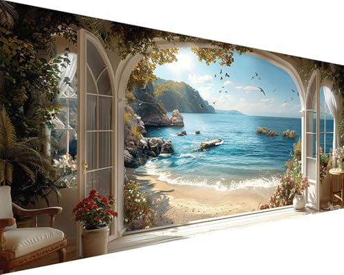 Malen Nach Zahlen Meer Malen Nach Zahlen Erwachsene Strand Paint by Numbers mit 3 Pinseln und Acrylfarben Handgemalt Ölgemälde Farbige Leinwand Set, Geschenke für Frauen, Zimmer Deko 30x60cm h3-188 von BAIYAACO