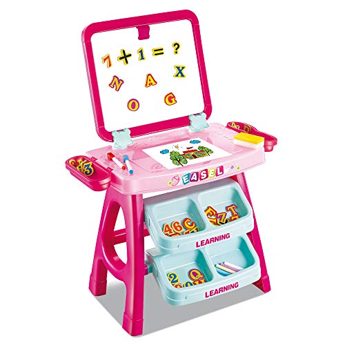 BAKAJI Magnetische Tafel für Kinder, 2 in 1, doppelter Zeichenbereich, mit Staffelei und Fächern, komplett mit Zubehör, Zahlen und Buchstaben, Größe 43 x 39,5 x 74 cm (Rosa) von BAKAJI