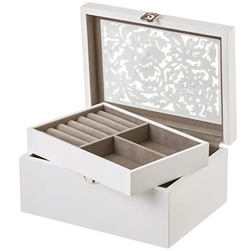 BAKAJI Schmuckschatulle für Damen, Farbe: Weiß, Schmuckbox aus Holz, 2 Schichten mit geschnitztem Deckel und abnehmbarem Fach, Schmucketui, Größe 10 x 22 x 16,50 cm, Design Shabby Chic BAKAJI Schmuckschatulle für Damen, Farbe: Weiß, Schmuckbox aus Holz, 2 Schichten mit geschnitztem Deckel und abnehmbarem Fach, Schmucketui, Größe 10 x 22 x 16,50 cm, Design Shabby Chic von BAKAJI