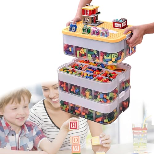 3 Ebenen Transparente Sortierbox für Lego,Sortierboxen Spielzeug Bausteine Aufbewahrung mit Fächern,Classic Große bausteine Box für Lego,Plastik Stapelbar Box mit Griff(Gelb) von BAKENLON
