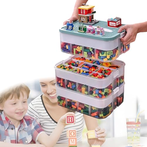 BAKENLON 3 Ebenen Transparente Sortierbox für Lego,Sortierboxen Spielzeug Bausteine Aufbewahrung mit Fächern,Classic Große bausteine Box für Lego,Plastik Stapelbar Box mit Griff(Grün) von BAKENLON