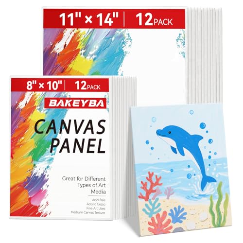 BAKEYBA 24 Stück Leinwandtafeln, je 24 Stück, 20,3 x 25,4 cm, 27,9 x 35,6 cm, 100 % Baumwolle, grundiert für Kinder und Anfänger, Acrylfarbe von BAKEYBA