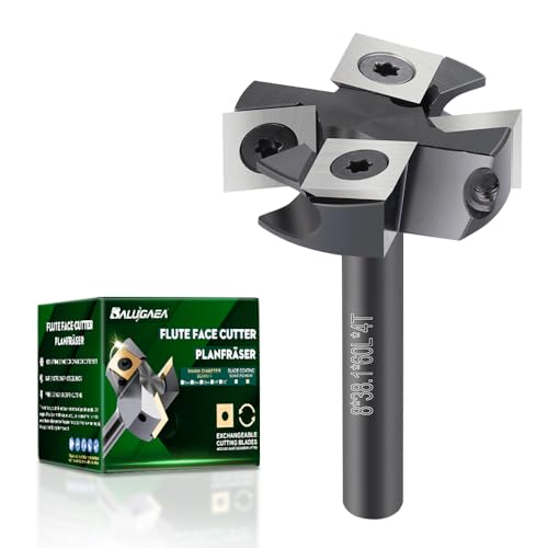 BALUGAEA Planfräser 8mm schaft 4 Zähne 38.1mm Durchmesser Hobelfräser RPM16000 Planfräser für Oberfräse mit 12x12x2.2mm Wendeplatten für Holz MDF Hartholz Kunststoffe von BALUGAEA