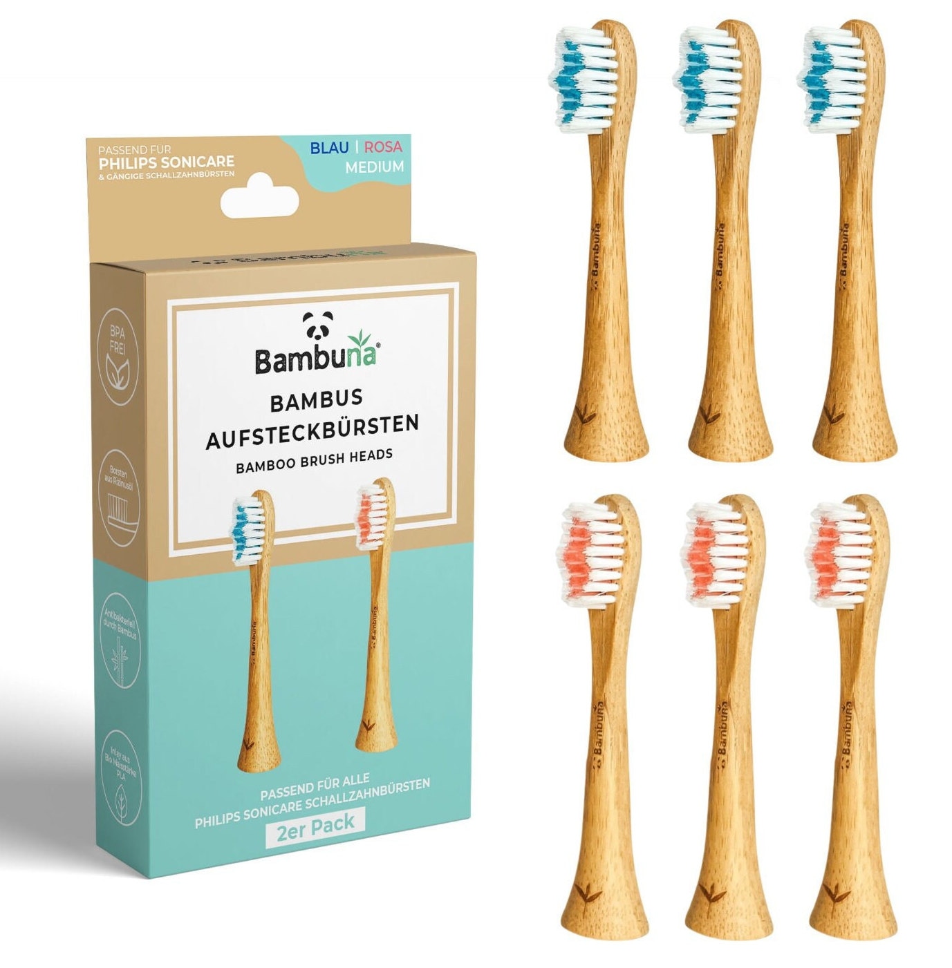Bambuna® 6x Bambus Aufsteckbürsten Passend Für Philips Sonicare - Mittelweiche Ersatzbürsten Schallzahnbürsten, Umweltfreundlich von BAMBUNAde