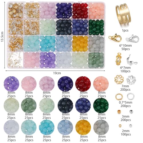 BANGHA Armbänder Selber Machen,DIY 450–1300 Stück 8 mm Glasperlen mit Verschluss, Perlenkappen, Metallschmuck-Sets for DIY-Armbänder und Halsketten(Set 02) von BANGHA