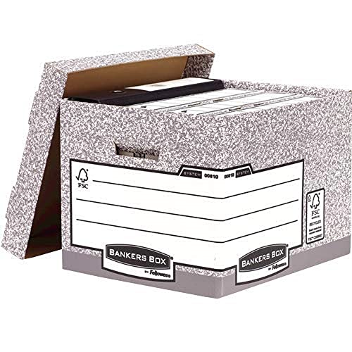 BANKERS BOX Archivbox mit Deckel, System Serie, extra stabil, für Ordner/Ringbücher/Archivschachteln/Hängemappen, aus 100% recycelter Wellpappe, Farbe: grau/weiß, 10 Stück von BANKERS BOX