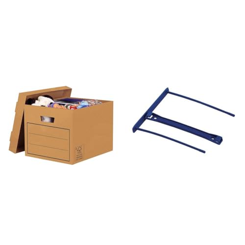 BANKERS BOX Aufbewahrungskarton mit Deckel, braun & Abheftbügel ProClip, Archivclip mit 100 mm Armlänge und Deckleiste, inklusive Umfüller, aus 100% recyceltem Plastik, blau, Packung mit 50 Stück von BANKERS BOX