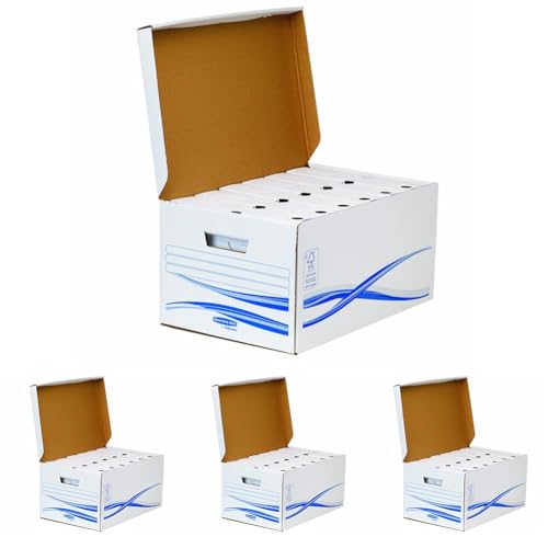 BANKERS BOX Set aus 1 Klappdeckelbox Maxi mit 6 Stück A4/A4+ Archivschachtel 8cm Rückenbreite, Basic Serie, aus recyceltem Karton, 100% recycelbar, Farbe: weiß/blau (Packung mit 4) von BANKERS BOX