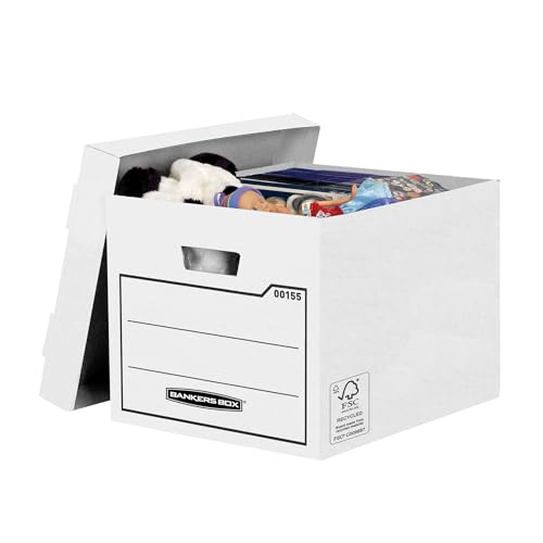 Bankers Box Aufbewahrungskarton mit Deckel aus stabiler B-Flute Wellpappe, braun, für Haushaltsgegenstände, Spielzeug, Dokumente, 100% recycelt und recycelbar, Farbe: weiß, Pack mit 10 Stück Bankers Box Aufbewahrungskarton mit Deckel aus stabiler B-Flute Wellpappe, braun, für Haushaltsgegenstände, Spielzeug, Dokumente, 100% recycelt und recycelbar, Farbe: weiß, Pack mit 10 Stück von BANKERS BOX